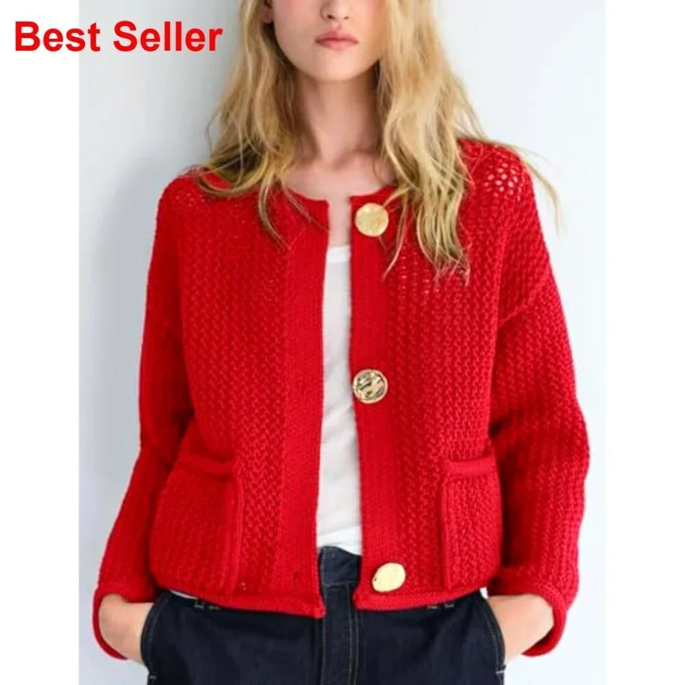 Cropped Cardigan Sweater Chunky Knit Open Front Long Sleeve Gold Buttons